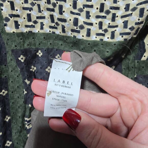 Label Ritu Kumar Pyramid Waves Dress Sz S Eyelet Black Green Tan Short Sleeve - Picture 5 of 5